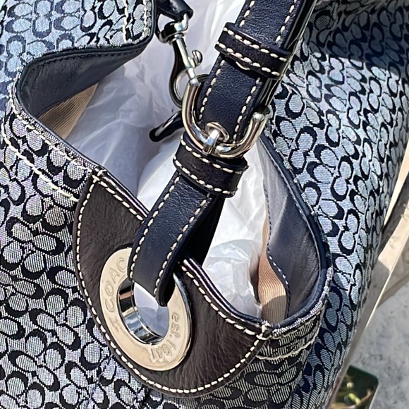 Coach Navy Blue LeatherWare Sig Canvas Tote w/Leather Trim & Silver-Toned HW - Picture 8 of 16